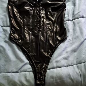 Black Faux Leather Corset Bodysuit
